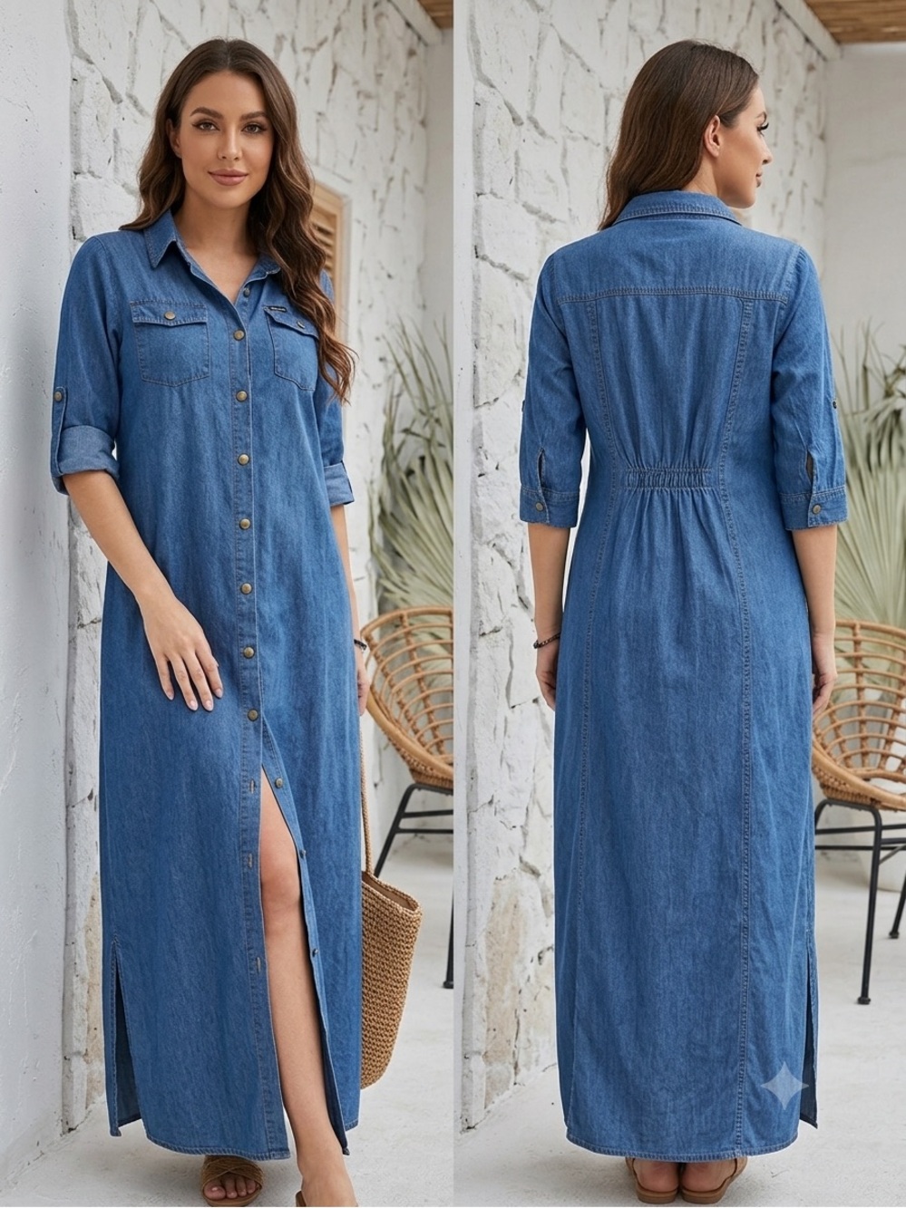 Kings Road Blue Denim Maxi Dress with Buttons Front Roller Sleeve